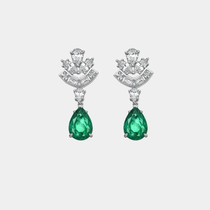 Pear-Cut Emerald Floral Drop Earrings paired product view on a white background