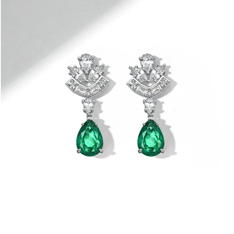 Pear-Cut Emerald Floral Drop Earrings rear view showing earring backs