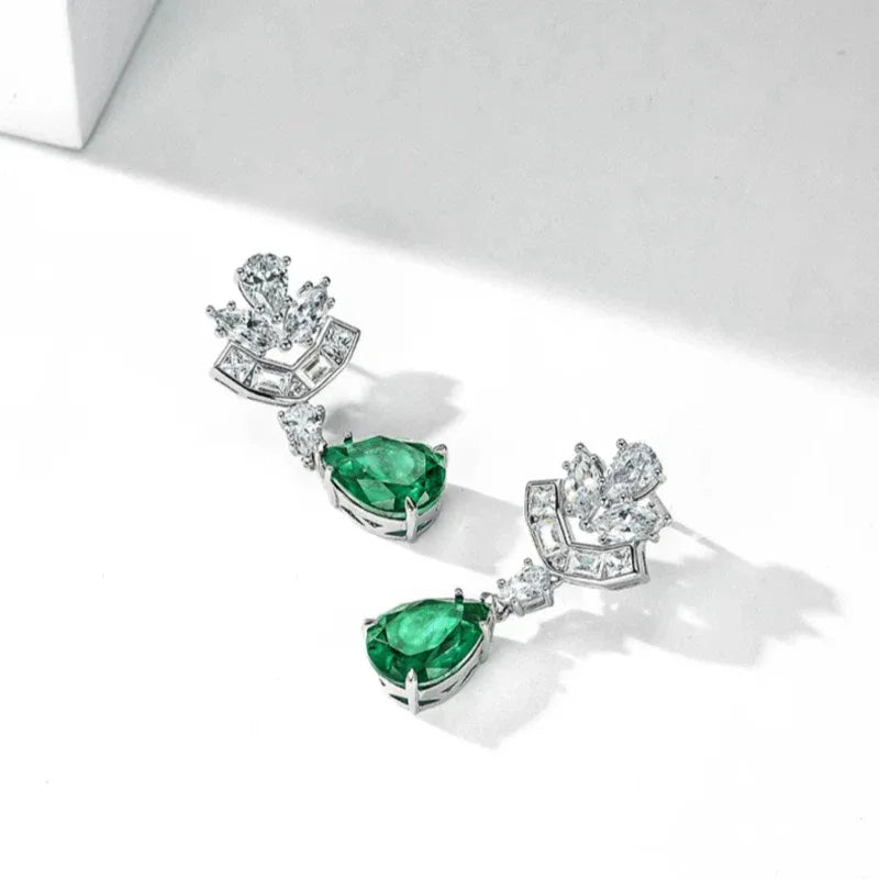 Pear-Cut Emerald Floral Drop Earrings side view showing posts and settings