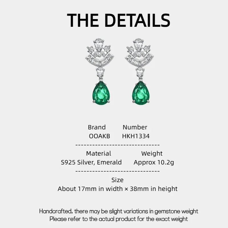 Pear-Cut Emerald Floral Drop Earrings specification card with product measurements