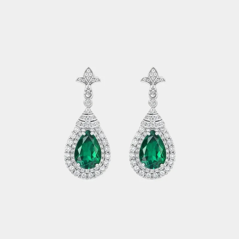 Pear-Cut Emerald Halo Drop Earrings paired product view on a white background