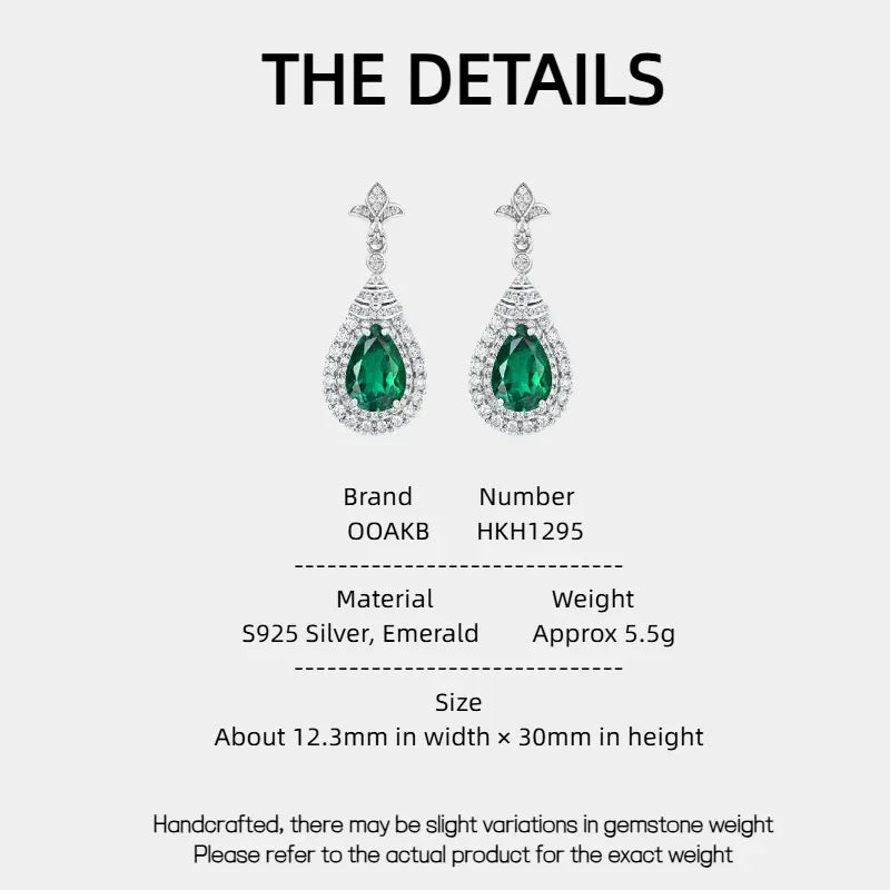 Pear-Cut Emerald Halo Drop Earrings specification card with product measurements