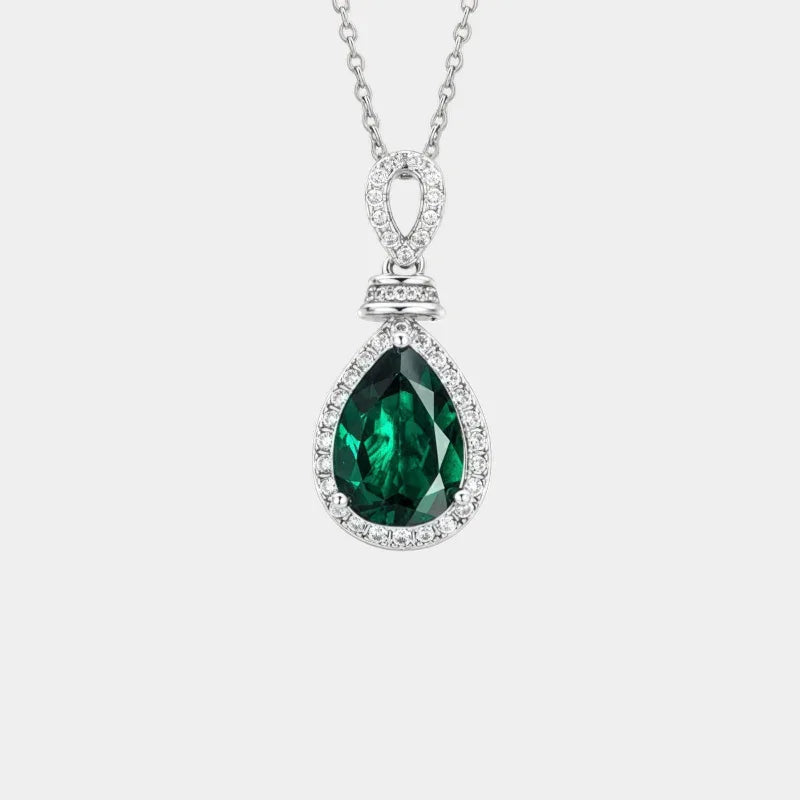 Pear-Cut Emerald Halo Pendant Necklace full necklace view on a white background