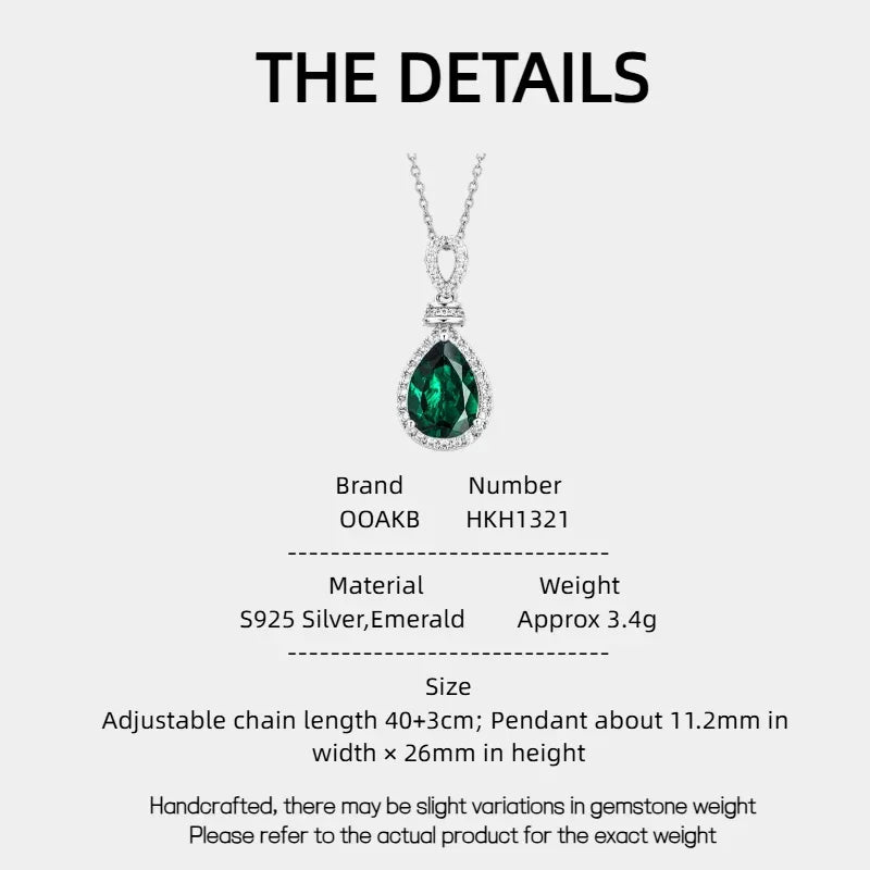 Pear-Cut Emerald Halo Pendant Necklace specification card with product measurements