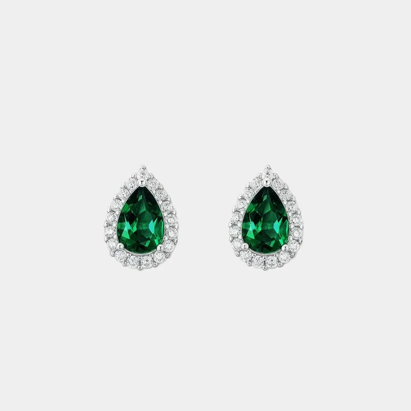 Pear-Cut Emerald Halo Stud Earrings paired product view on a white background
