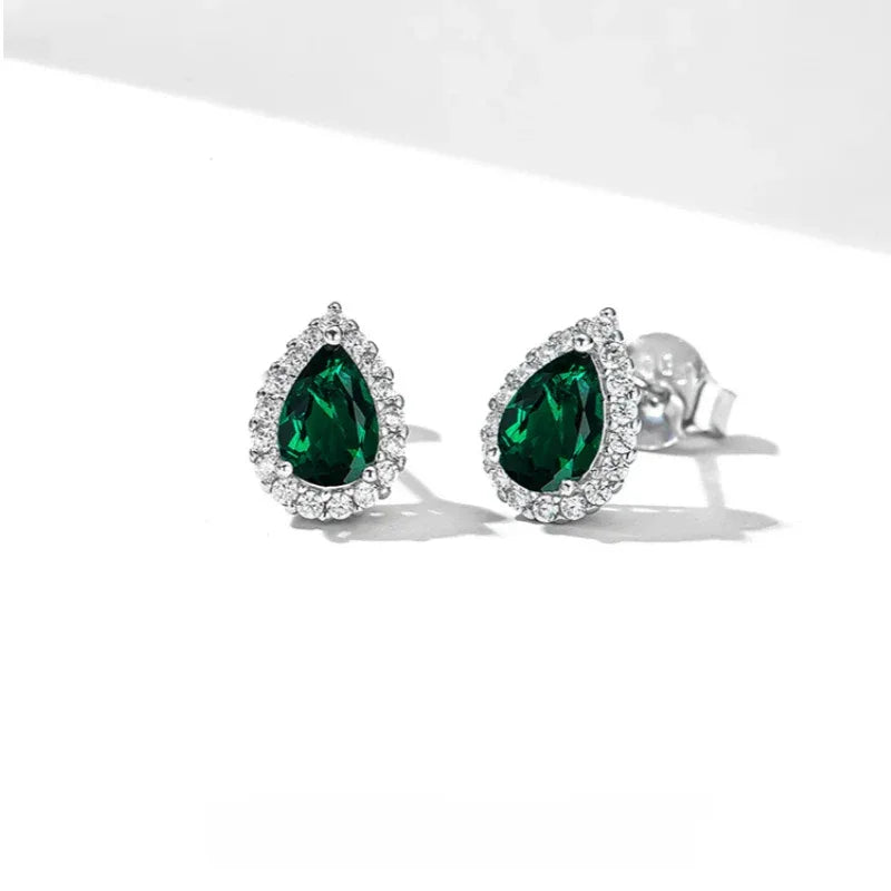 Pear-Cut Emerald Halo Stud Earrings rear view showing earring backs