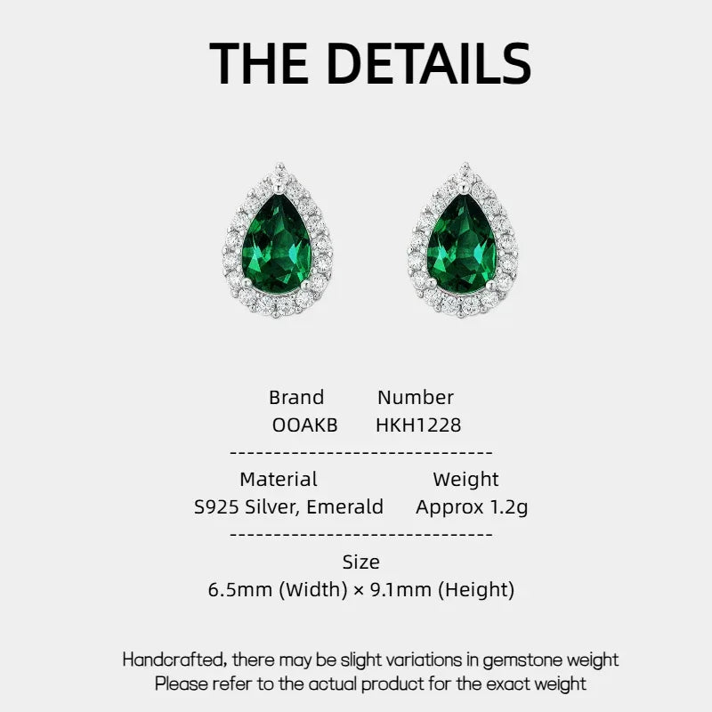 Pear-Cut Emerald Halo Stud Earrings specification card with product measurements