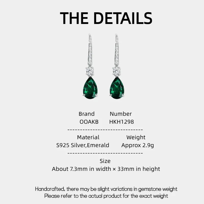 Pear-Cut Emerald Long Drop Earrings specification card with product measurements