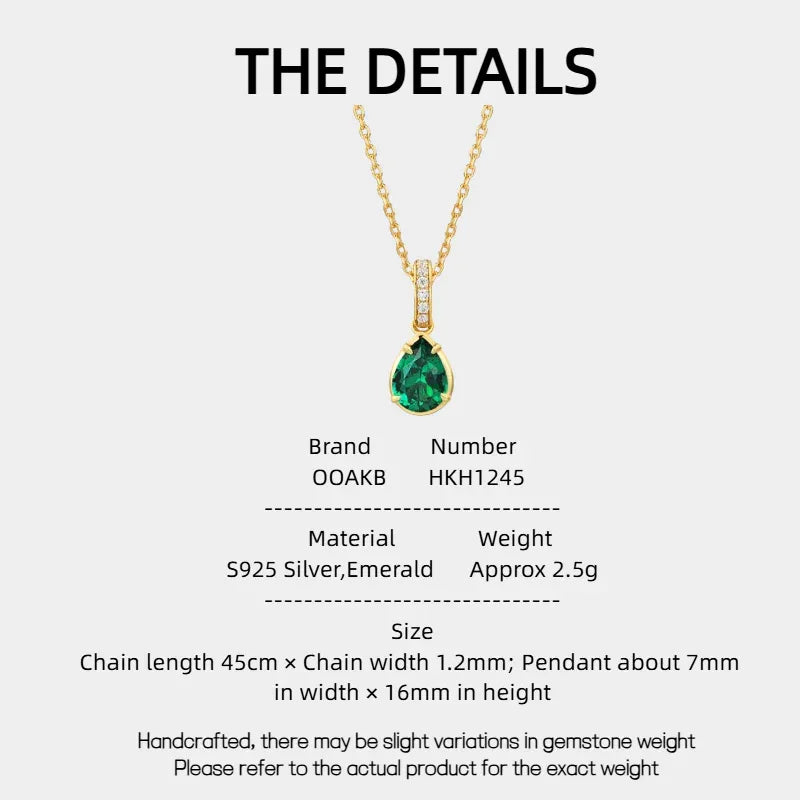 Pear-Cut Emerald Pendant Necklace specification card with product measurements