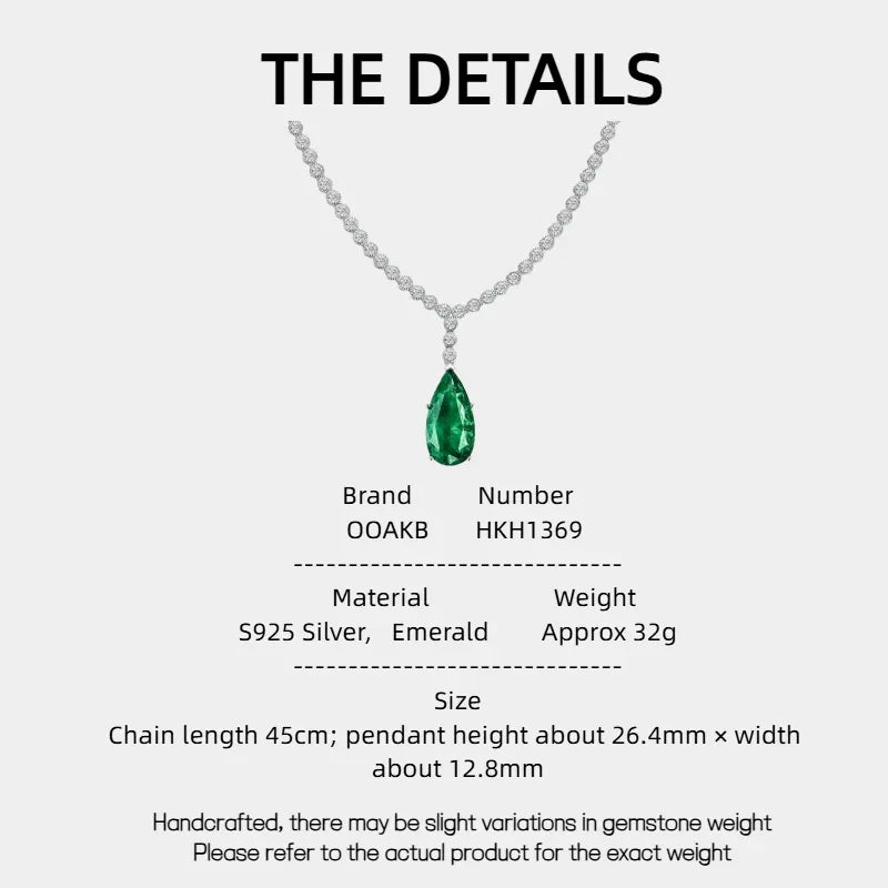 Pear-Cut Emerald Tennis Necklace specification card with product measurements