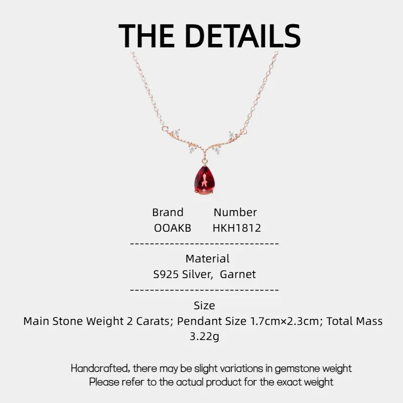 Pear-Cut Garnet Drop Necklace specification card with measurements and material details