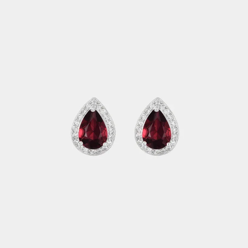 Pear-Cut Garnet Halo Stud Earrings front product view on a light background