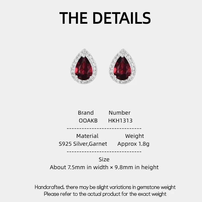 Pear-Cut Garnet Halo Stud Earrings specification card with measurements and material details