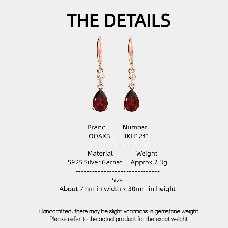 Pear-Cut Garnet Hook Drop Earrings specification card with measurements and material details