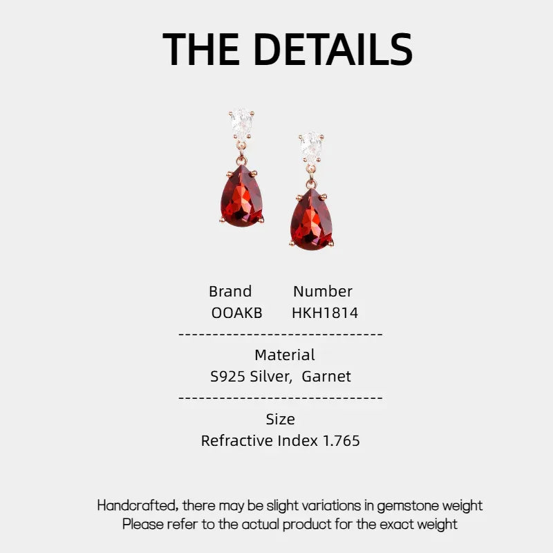 Pear-Cut Garnet Pavé Drop Earrings specification card with measurements and material details