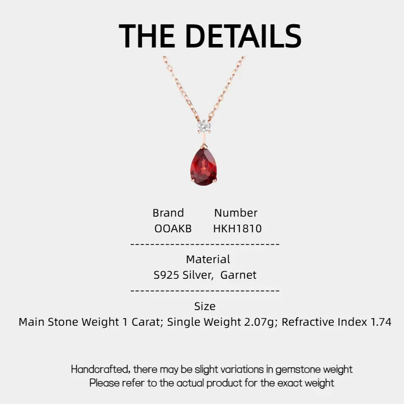 Pear-Cut Garnet Pendant Necklace specification card with measurements and material details