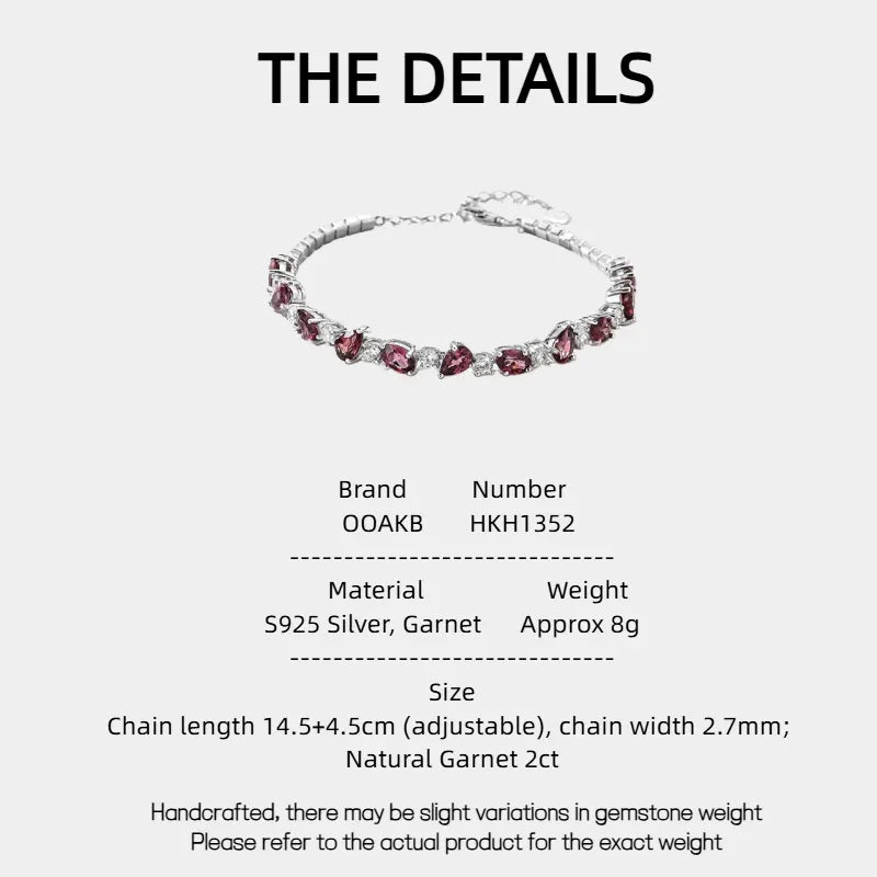 Pear-Cut Garnet Tennis Bracelet specification card with measurements and material details