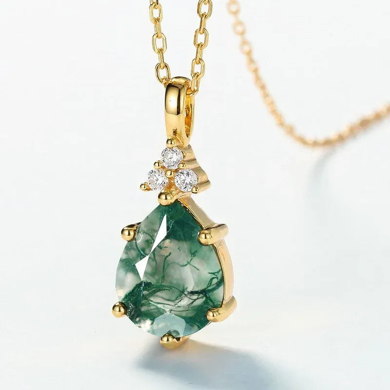 Pear-Cut Gold-Tone Moss Agate Pendant Necklace — angled pendant and chain detail 4