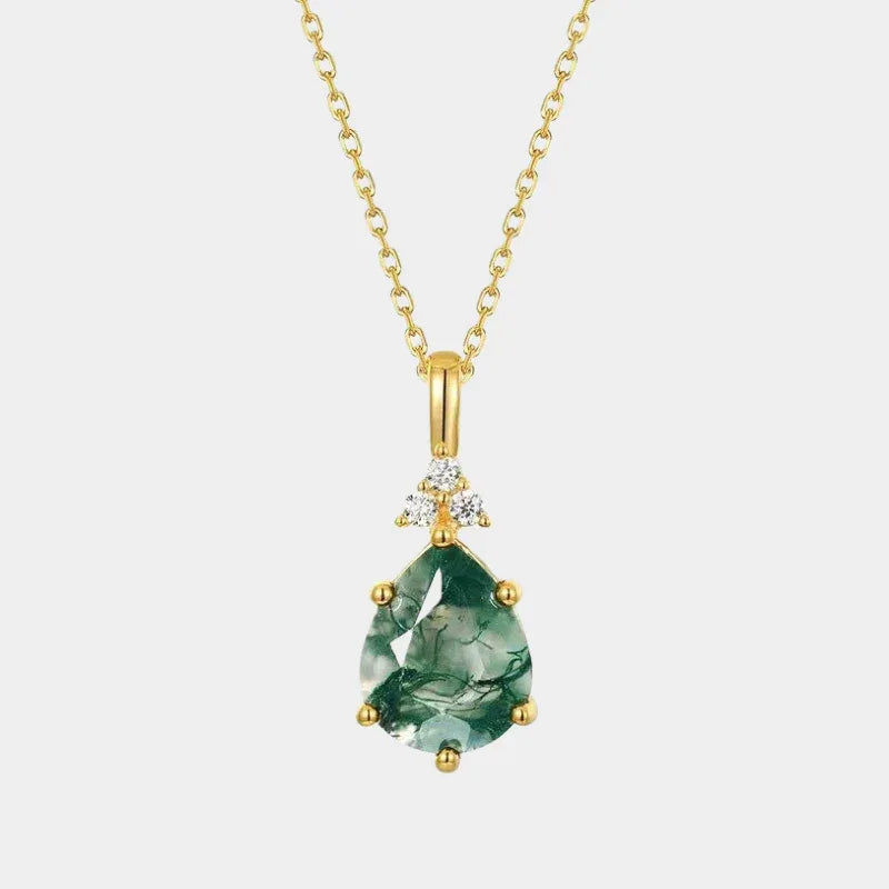 Pear-Cut Gold-Tone Moss Agate Pendant Necklace — full necklace view on a light background