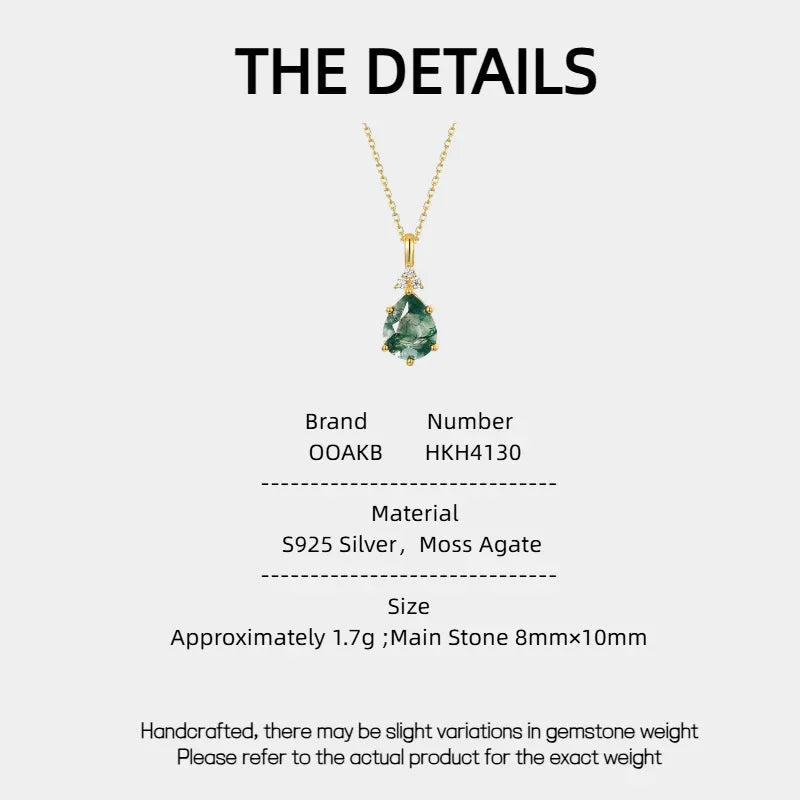 Pear-Cut Gold-Tone Moss Agate Pendant Necklace — Moss Agate specification card with material and measurements