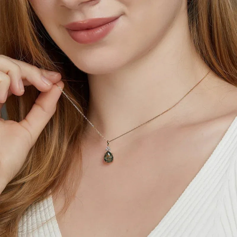 Pear-Cut Gold-Tone Moss Agate Pendant Necklace — neckline scale view 2