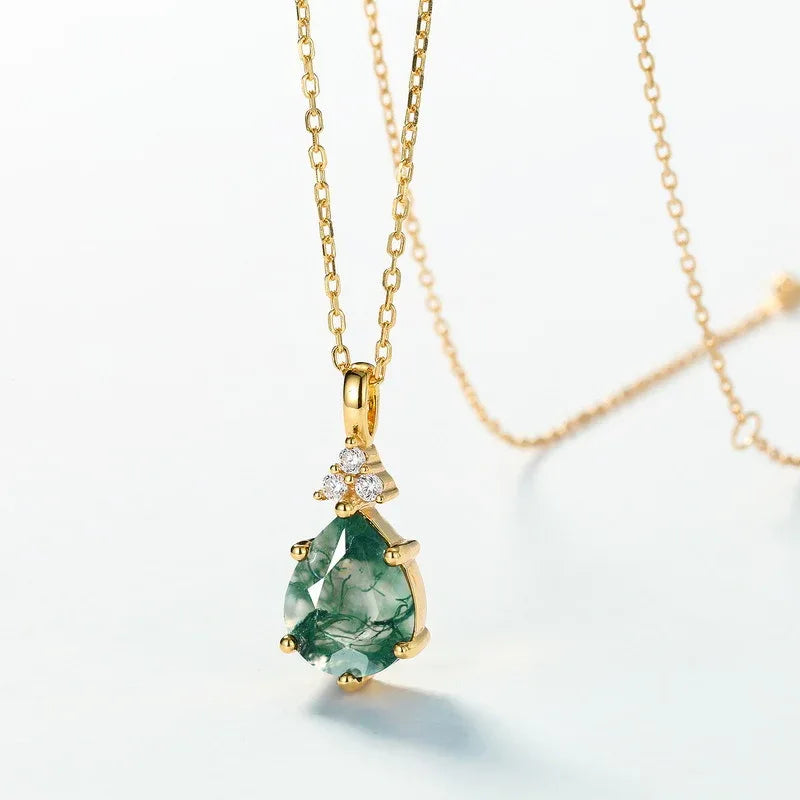 Pear-Cut Gold-Tone Moss Agate Pendant Necklace — pendant close-up 3