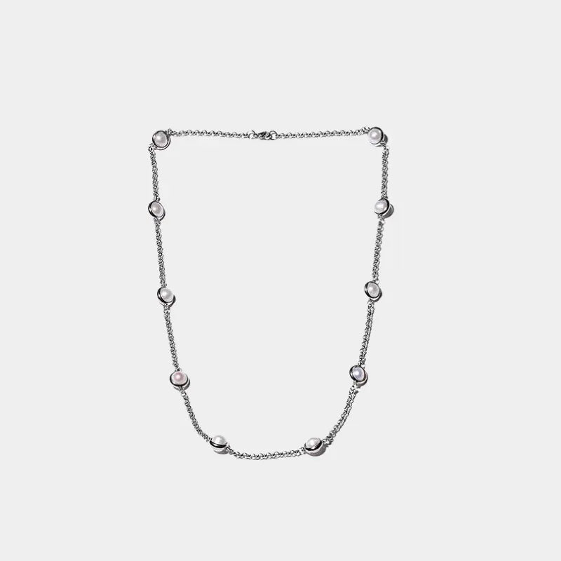 Station Pearl Chain Necklace — front view of fine chain necklace with widely spaced round pearls