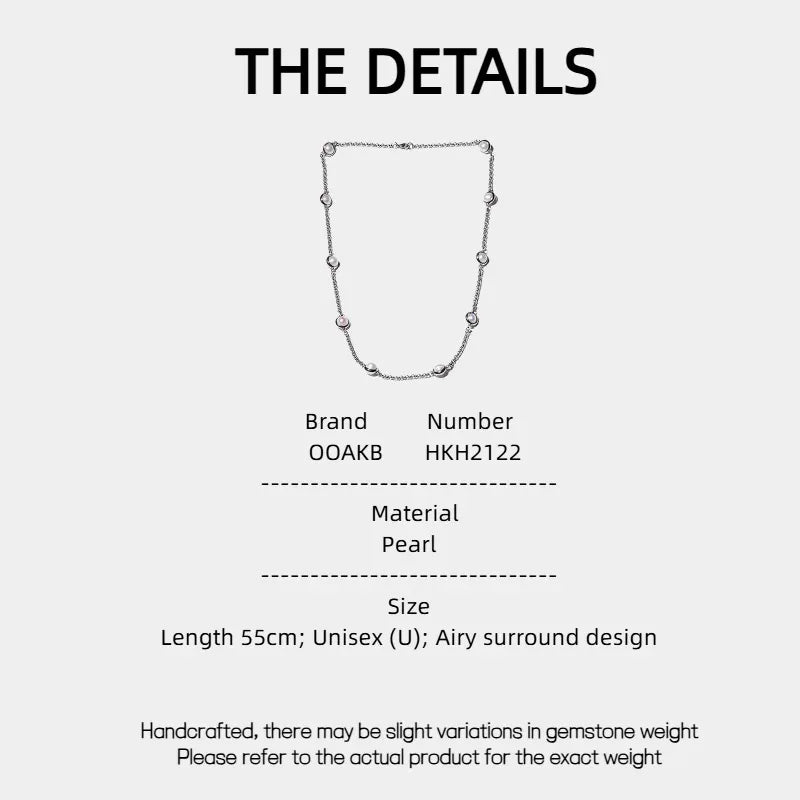 Station Pearl Chain Necklace — specification card with material and size details