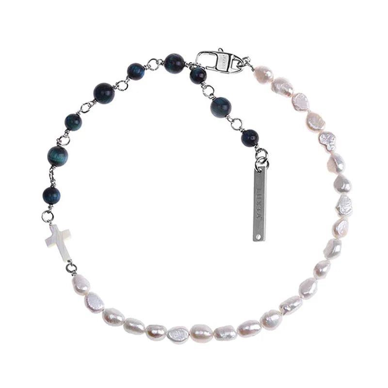 Pearl and Black Tiger Eye Cross Necklace — alternate isolated full necklace view