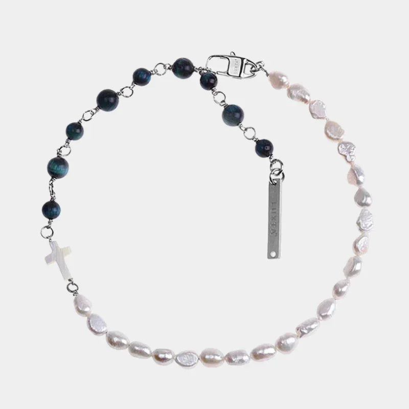Pearl and Black Tiger Eye Cross Necklace — front view of split pearl and black-tiger-eye necklace