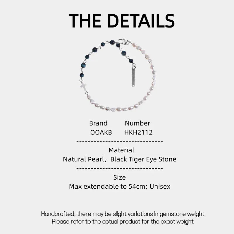 Pearl and Black Tiger Eye Cross Necklace — specification card with material and size details