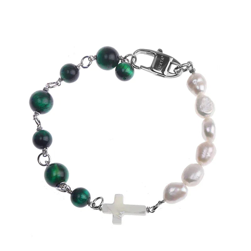 Pearl and Green Tiger Eye Cross Bracelet — alternate isolated view showing the cross and bead transition