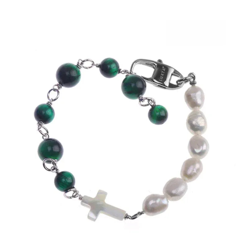 Pearl and Green Tiger Eye Cross Bracelet — second isolated angle showing the clasp