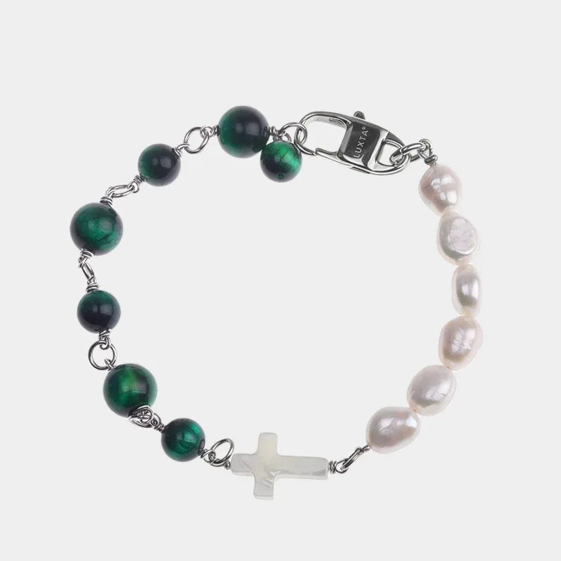 Pearl and Green Tiger Eye Cross Bracelet — front view of half-pearl half-green-tiger-eye bracelet with white cross