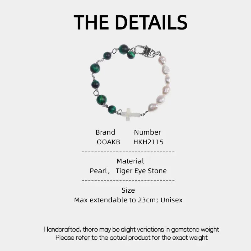 Pearl and Green Tiger Eye Cross Bracelet — specification card with material and size details