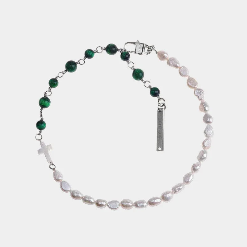 Pearl and Green Tiger Eye Cross Necklace — front view of half-pearl half-green-bead cross necklace