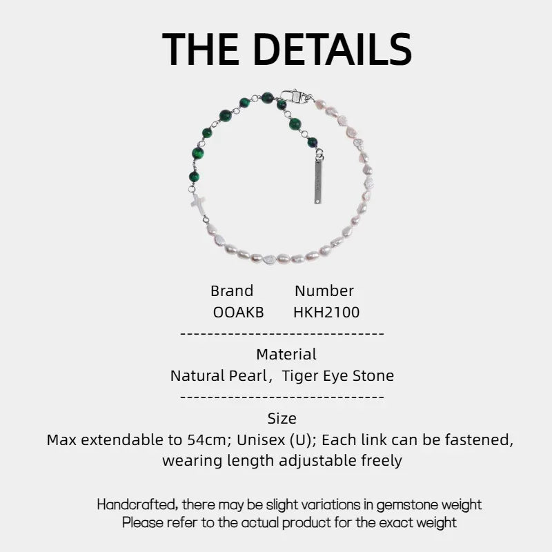 Pearl and Green Tiger Eye Cross Necklace — specification card with material and size details