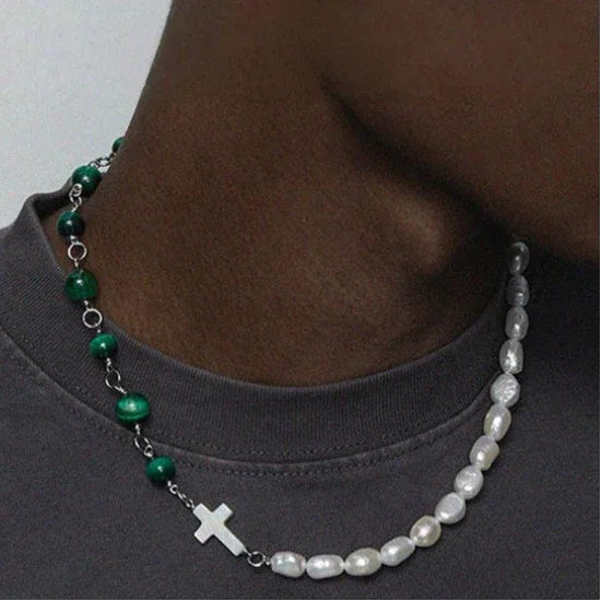 Pearl and Green Tiger Eye Cross Necklace — front chest-worn view showing the small white cross