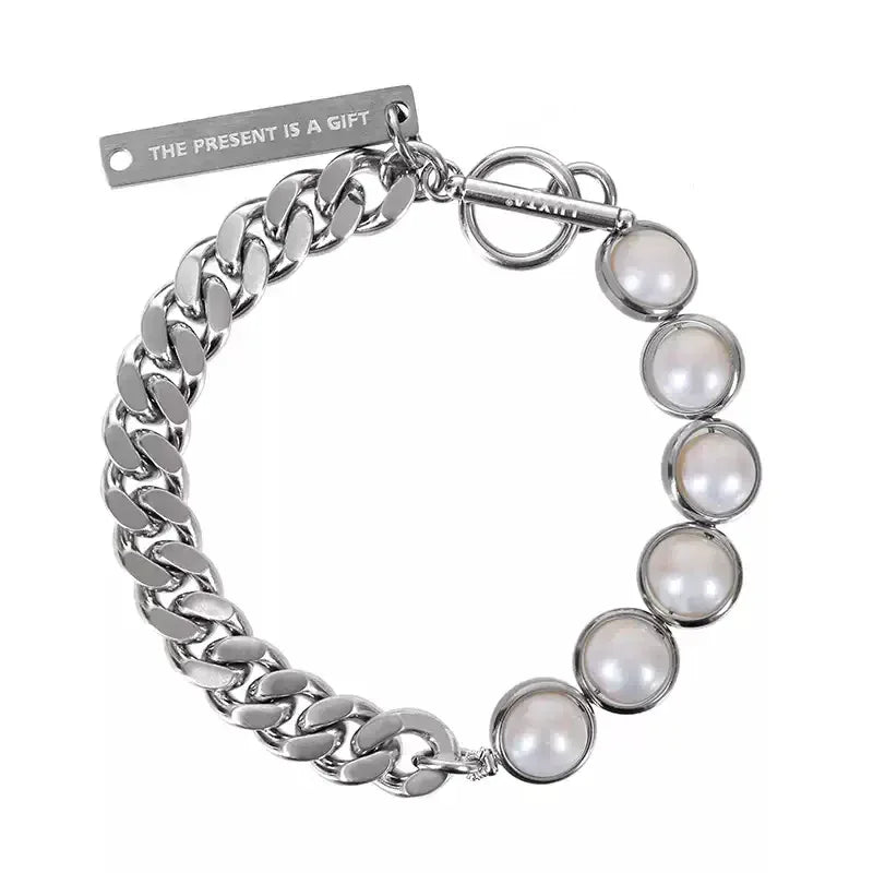 Pearl and Cuban Chain Half-and-Half Bracelet — alternate isolated full bracelet view
