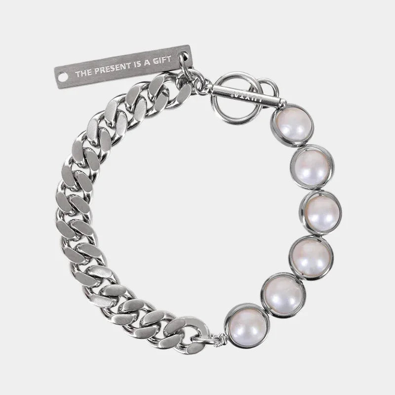Pearl and Cuban Chain Half-and-Half Bracelet — front view of bracelet split between round pearl settings and chunky