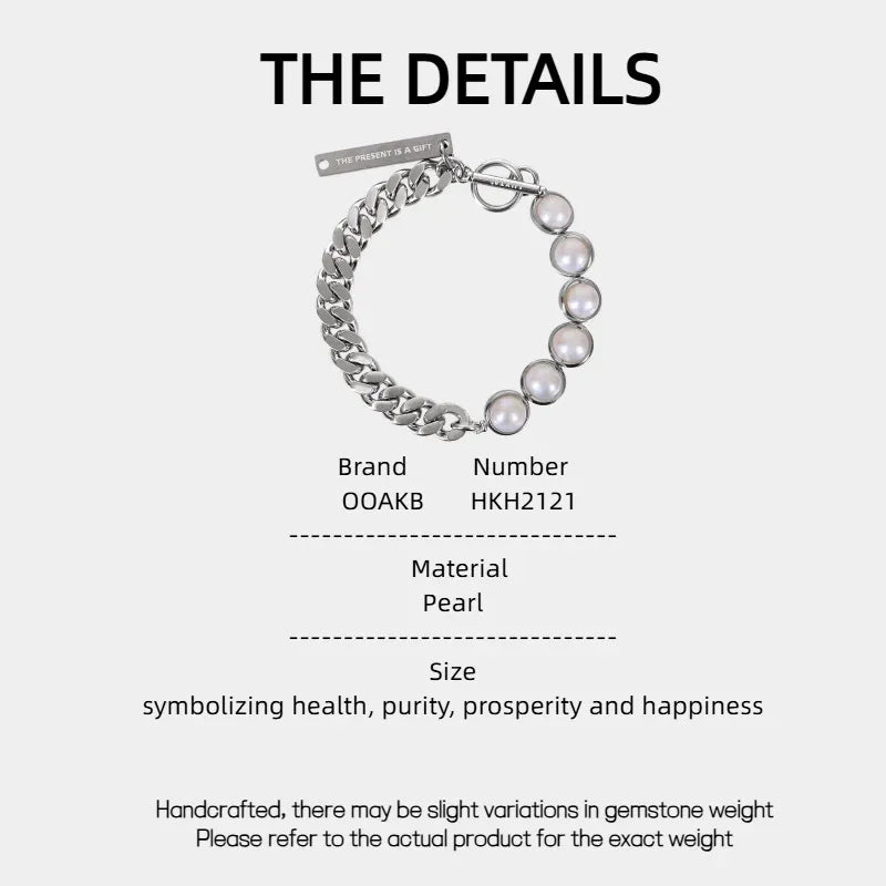 Pearl and Cuban Chain Half-and-Half Bracelet — specification card with material and size details