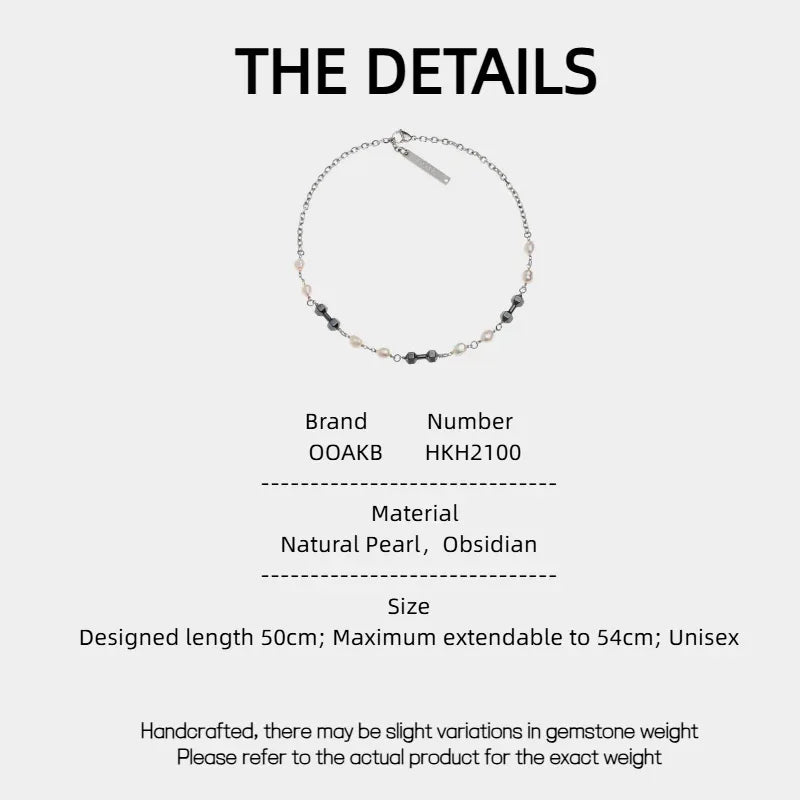 Pearl and Obsidian Beaded Necklace — specification card with material and size details