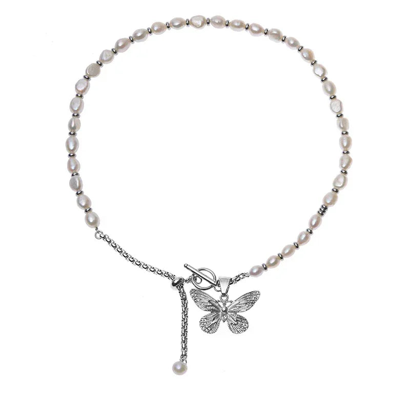 Pearl and Tiger Eye Butterfly Necklace — alternate isolated full necklace view
