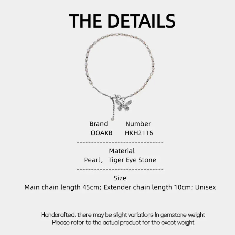 Pearl and Tiger Eye Butterfly Necklace — specification card with material and size details