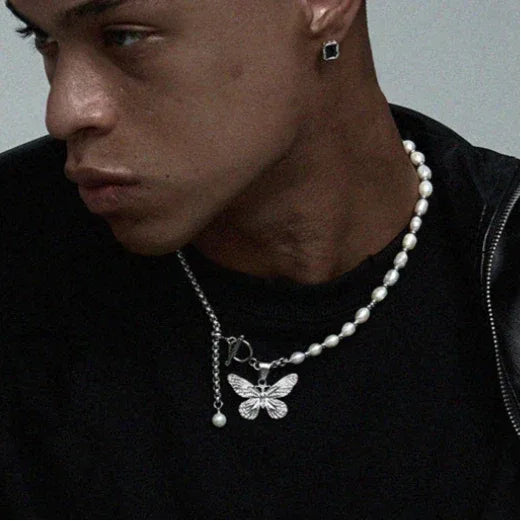 Pearl and Tiger Eye Butterfly Necklace — front neckline-worn portrait with the butterfly centered