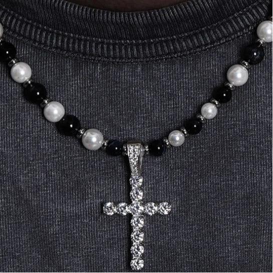 Pearl and Tiger Eye Cross Necklace — close neckline view emphasizing the cross pendant