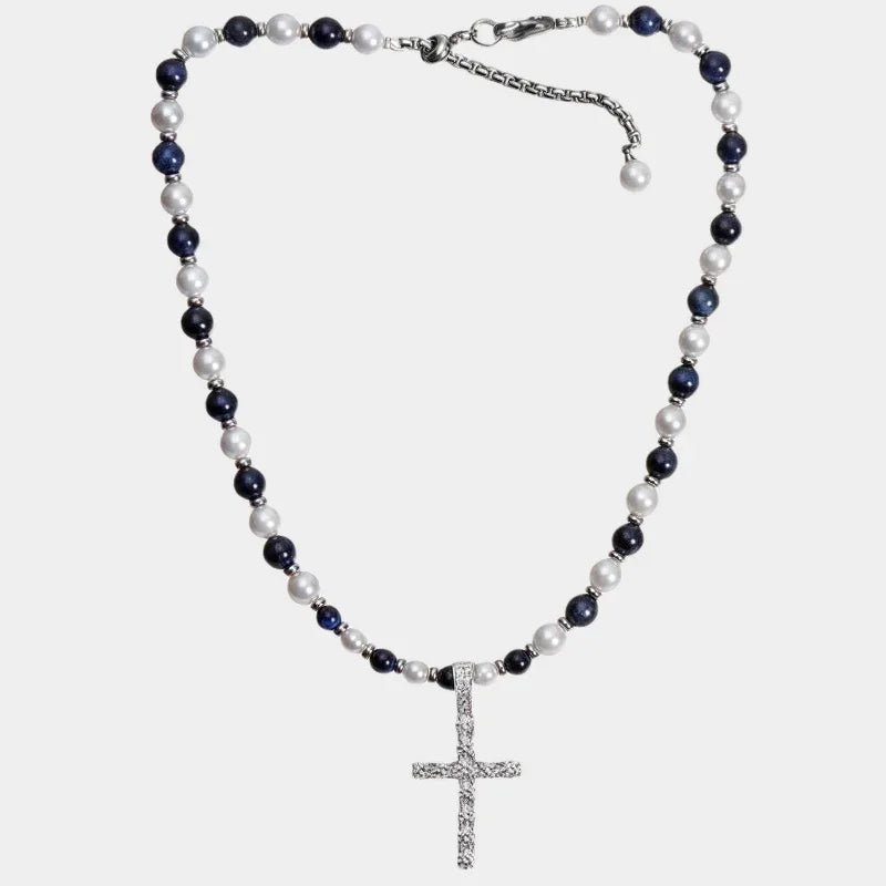 Pearl and Tiger Eye Cross Necklace — front view of pearl and dark-bead cross necklace