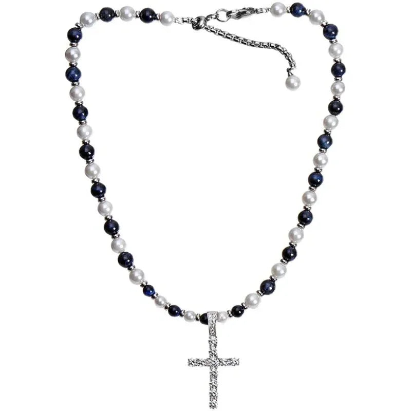 Pearl and Tiger Eye Cross Necklace — alternate isolated full necklace view