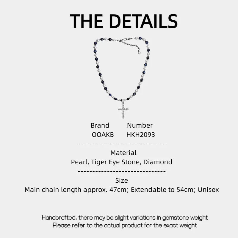 Pearl and Tiger Eye Cross Necklace — specification card with material and size details