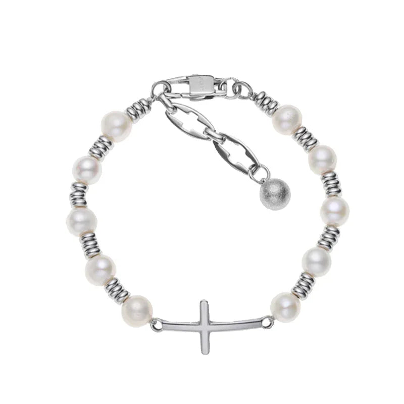 Adjustable Pearl and Titanium Steel Cross Bracelet — alternate isolated full bracelet view